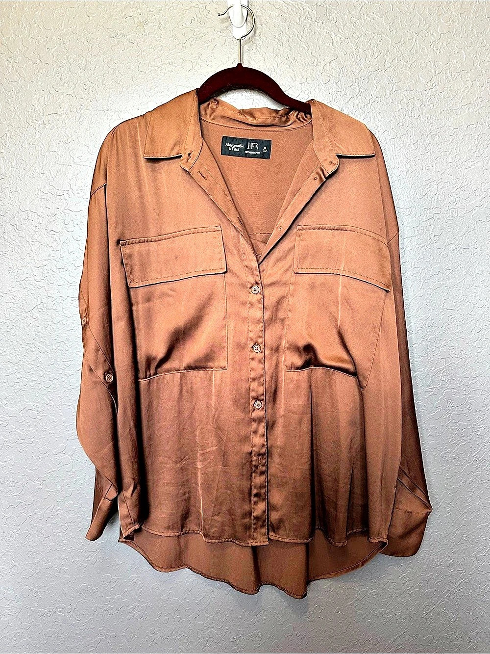 Abercrombie & Fitch x HFR Nicole Benefield Satin Button-Down Shirt Brown Medium